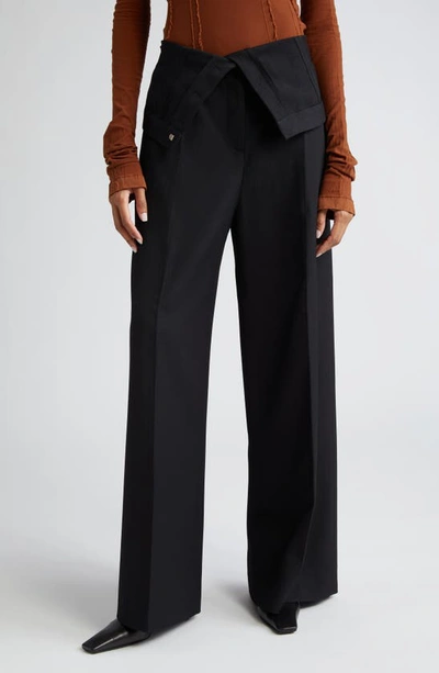 Shop Acne Studios Foldover Waist Pleated Recycled Polyester & Wool Wide Leg Trousers In Black