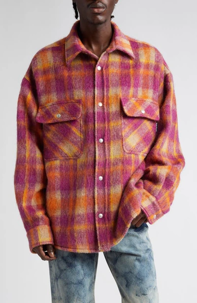 Shop Palm Angels Brushed Wool Check Oveshirt Bu In Burgundy Berry