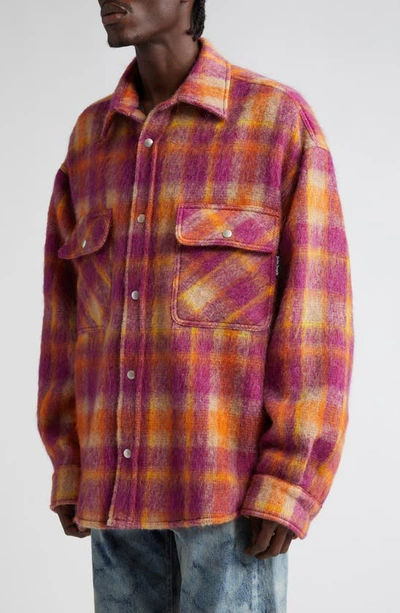 Shop Palm Angels Brushed Wool Check Oveshirt Bu In Burgundy Berry