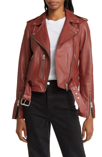 Shop Allsaints Balfern Belted Leather Biker Jacket In Fire Red