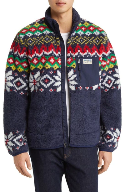 Shop Polo Ralph Lauren Fair Isle Bonded Fleece Jacket In Cruise Navy Snowflake Fairisle
