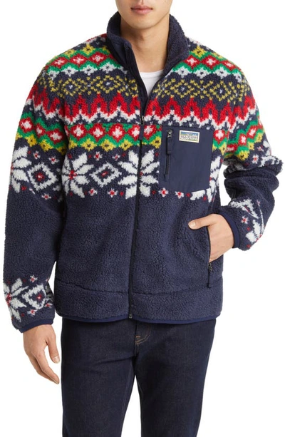 Shop Polo Ralph Lauren Fair Isle Bonded Fleece Jacket In Cruise Navy Snowflake Fairisle