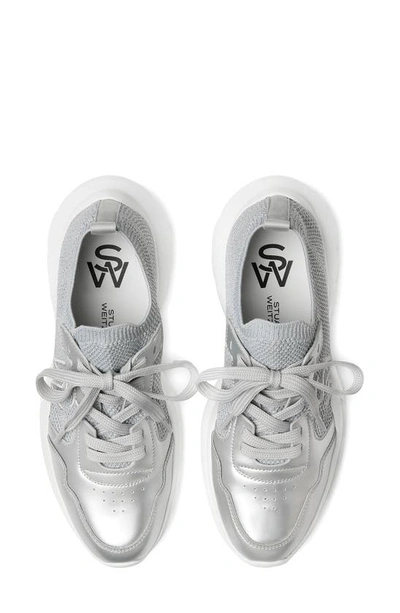 Shop Stuart Weitzman 5050 Knit Sneaker In Grey/ Silver Leather