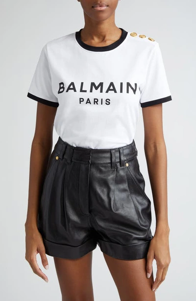 Shop Balmain Three-button Cotton Logo Graphic T-shirt In Gab White/ Black