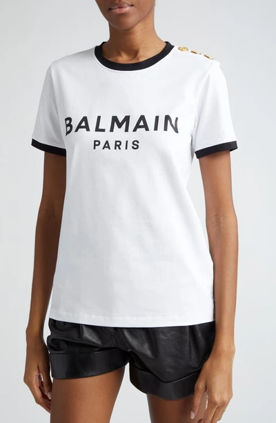 Shop Balmain Three-button Cotton Logo Graphic T-shirt In Gab White/ Black