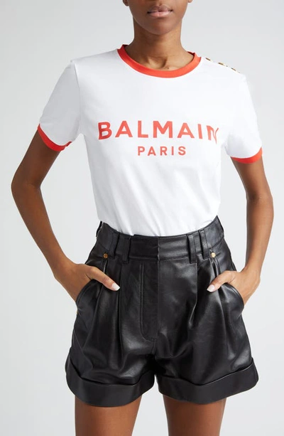 Shop Balmain Three-button Cotton Logo Graphic T-shirt In Gqt White/ Red