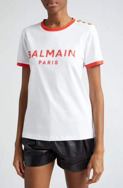 Shop Balmain Three-button Cotton Logo Graphic T-shirt In Gqt White/ Red