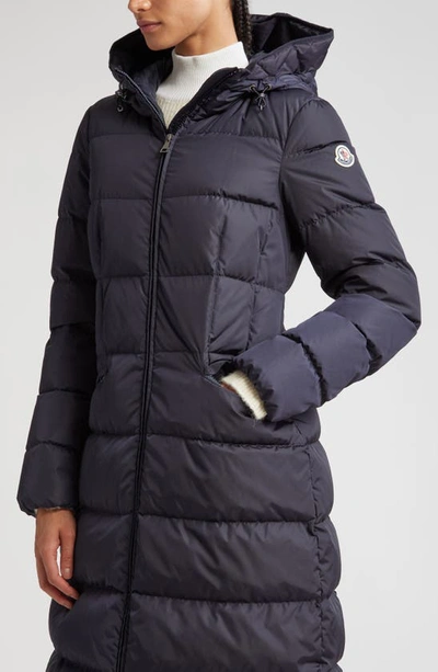 Moncler Cavettaz Hooded Long Down Jacket, Women, Black, Size: 3 In Navy