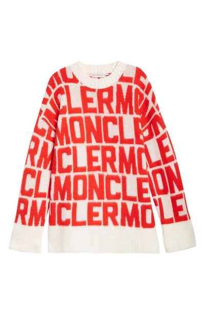 Shop Moncler Oversize Logo Print Wool Sweater In White