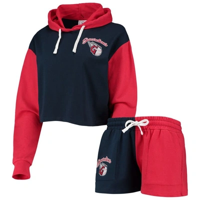 Shop Foco Navy/red Cleveland Guardians Color-block Pullover Hoodie & Shorts Lounge Set
