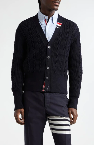 Shop Thom Browne Virgin Wool Cable Stitch Cardigan In Navy