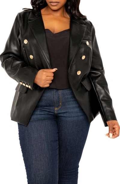 Shop Buxom Couture Faux Leather Double Breasted Blazer In Black