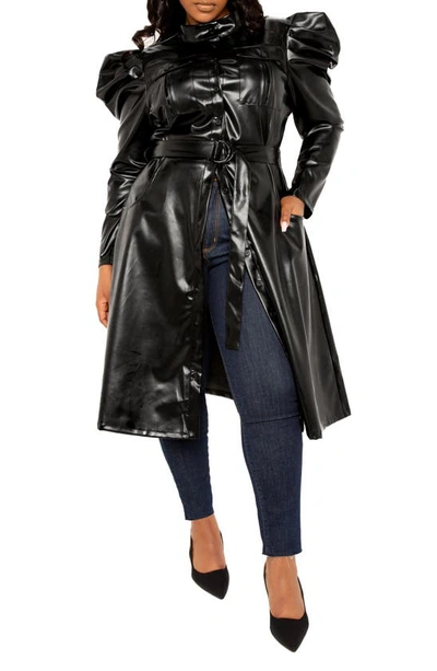 Shop Buxom Couture Puff Shoulder Long Sleeve Belted Faux Leather Shirtdress In Black