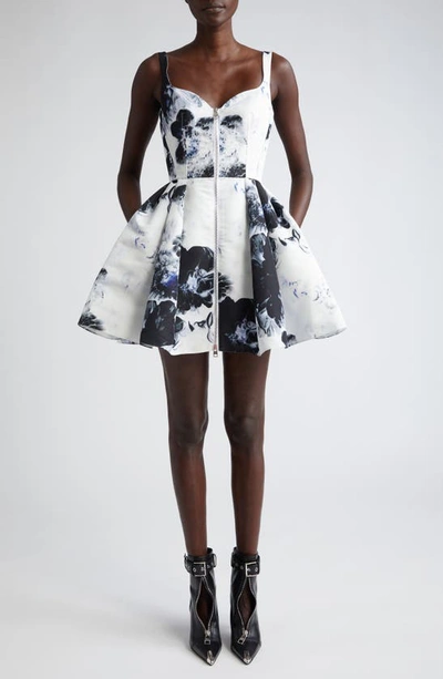 Shop Alexander Mcqueen Chiaroscuro Floral Fit & Flare Minidress In Ink