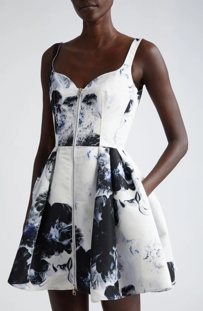 Shop Alexander Mcqueen Chiaroscuro Floral Fit & Flare Minidress In Ink