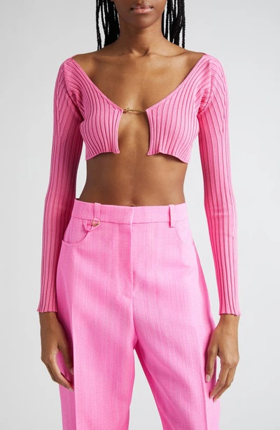 Shop Jacquemus La Maille Pral Rib Crop Cardigan In Neon Pink