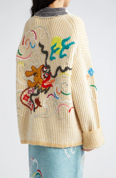 Shop Yanyan Dragon Embroidered Wool Blend Rib Cardigan In Ivory/ Cream