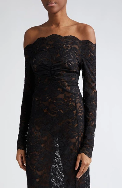 Shop Rabanne Off The Shoulder Long Sleeve Sheer Stretch Lace Dress In Black