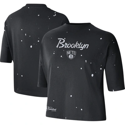 Shop Nike Black Brooklyn Nets Courtside Splatter Cropped T-shirt