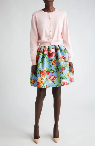 Shop Carolina Herrera Rose Print Faille Skirt In Lake Blue Multi