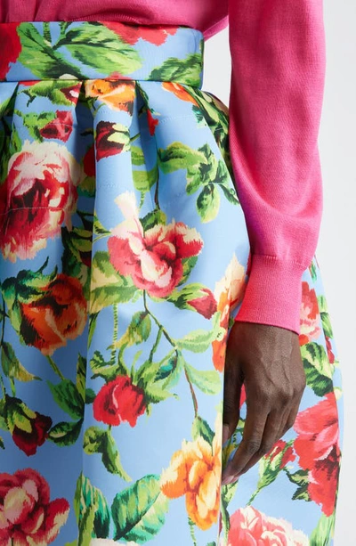 Shop Carolina Herrera Rose Print Faille Skirt In Lake Blue Multi