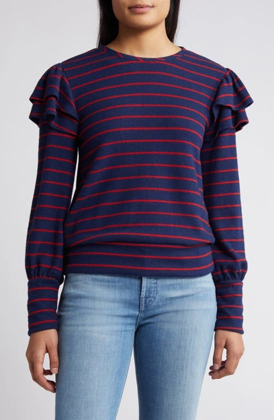 Shop Caslon Stripe Ruffle Shoulder Sweatshirt Top In Navy- Red Fiery Bailey Stripe