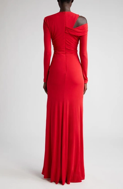Shop Alexander Mcqueen Ruched Asymmetric Long Sleeve Jersey Gown In 6659 Welsh Red