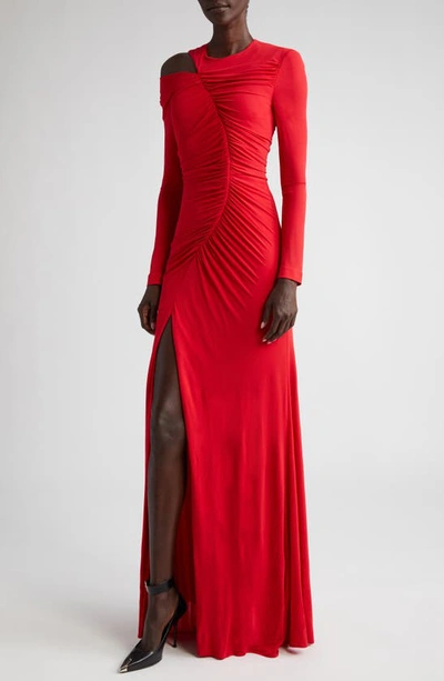 Shop Alexander Mcqueen Ruched Asymmetric Long Sleeve Jersey Gown In 6659 Welsh Red