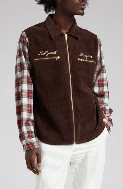 Shop Noon Goons Plaid Sleeve Corduroy Zip Shirt Jacket In Brown