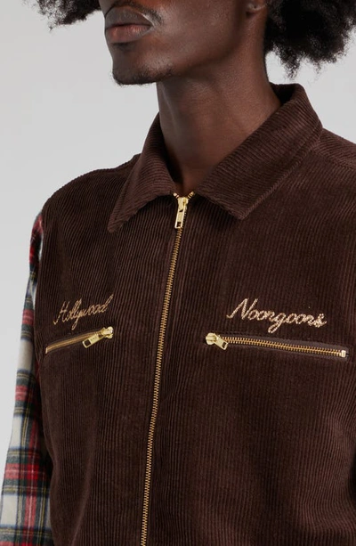 Shop Noon Goons Plaid Sleeve Corduroy Zip Shirt Jacket In Brown