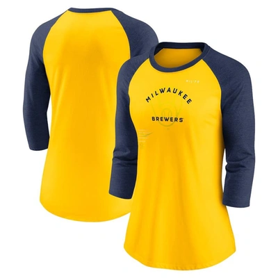 Shop Nike Gold/navy Milwaukee Brewers Next Up Tri-blend Raglan 3/4-sleeve T-shirt