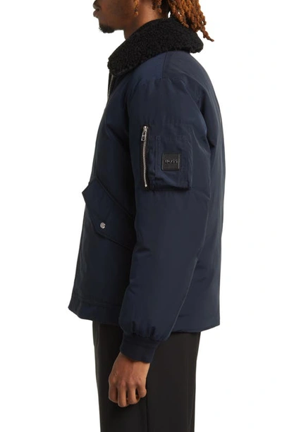 Shop Hugo Boss Calliano Faux Shearling Collar Water Repellent Jacket In Dark Blue
