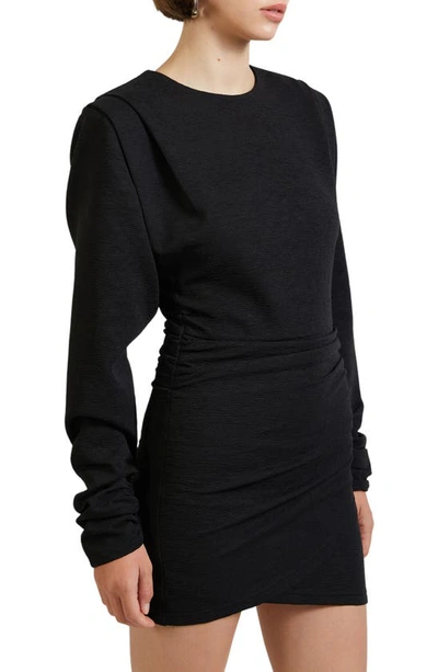 Shop En Saison Ada Ruched Long Sleeve Minidress In Black