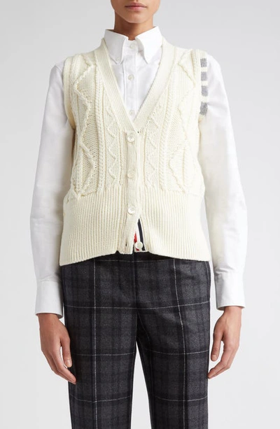 Shop Thom Browne 4-bar Aran Cable Virgin Wool Sweater Vest In White