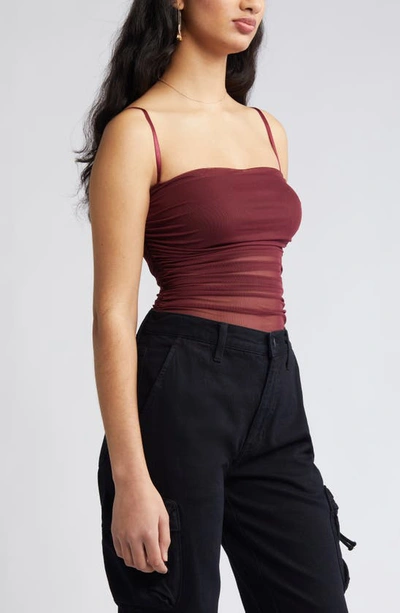 Shop Open Edit Ruched Mesh Camisole In Burgundy London