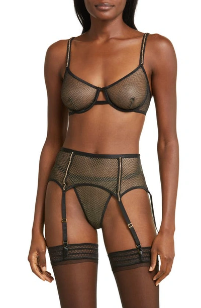 Shop Coquette Shimmery Fishnet Thong & Garter Belt Set In Black