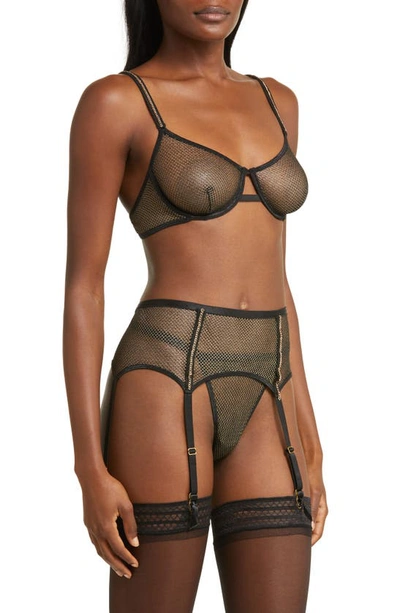Coquette Shimmery Fishnet Thong & Garter Belt Set In Black
