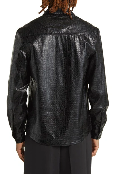 Shop Asos Design Crocodile Embossed Faux Leather Button-up Shirt In Black