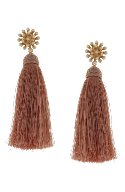 Shop Olivia Welles Briella Imitation Pearl & Tassel Drop Earrings In Gold / Rose