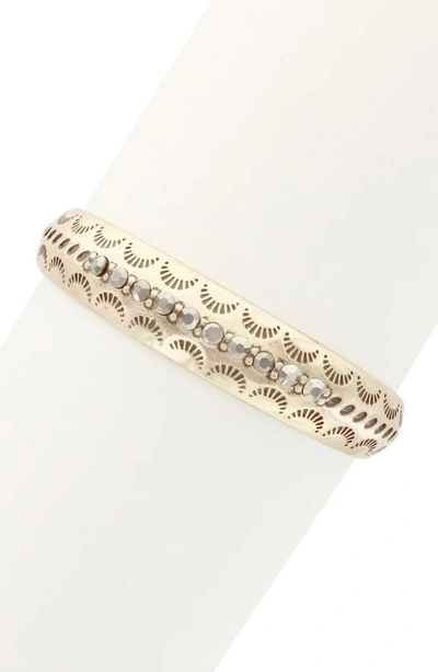 Shop Olivia Welles Crystal Crescent Cutout Bracelet In Burnished Gold / Grey