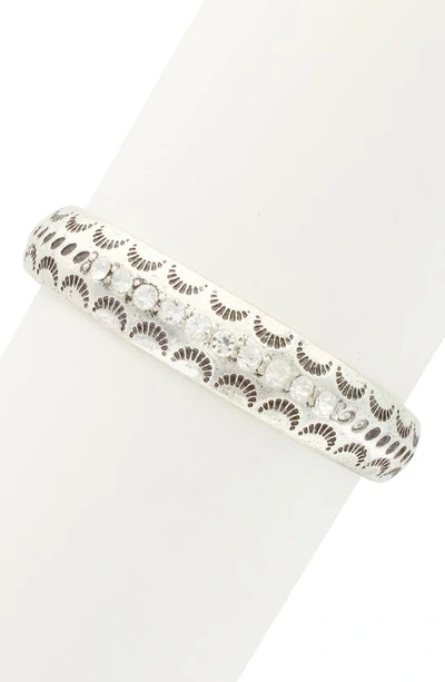 Shop Olivia Welles Crystal Crescent Cutout Bracelet In Burnished Silver / Clear