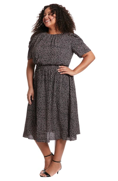 London Times Short Sleeve Midi Dress In Black/ Blush