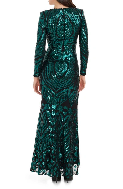 Shop Dress The Population Alessandra Long Sleeve Sequin Mermaid Gown In Emerald-black