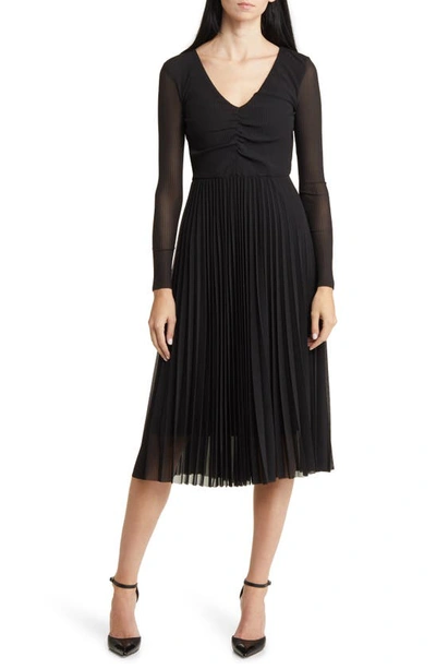 Shop Hugo Boss Erlissi Pleated Long Sleeve Dress In Black