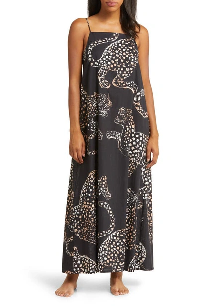 Shop Desmond & Dempsey Print Square Neck Linen Nightgown In Jag Navy