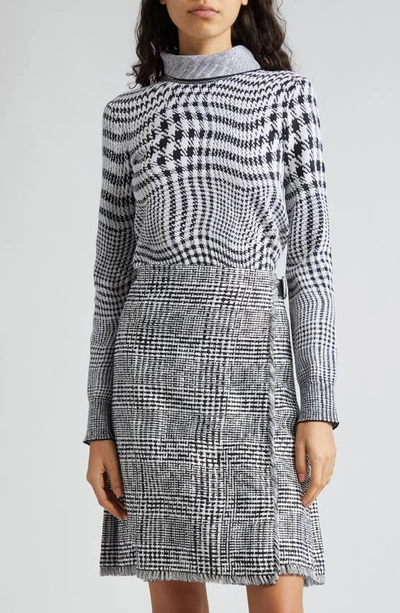 Shop Burberry Warped Houndstooth Check Wool Blend Turtleneck Sweater In Monochrome