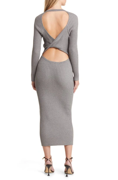 Shop Bardot Vigo Rib Twist Back Cutout Long Sleeve Midi Sweater Dress In Dark Grey