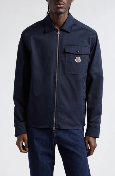 Moncler Cotton Stretch Garbardine Zip-up Shirt Jacket In Cosmic Blue