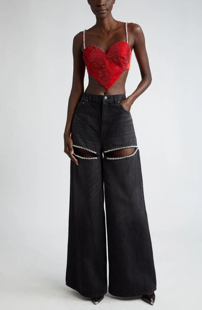 Area Crystal Embellished Stretch Virgin Wool Heart Top In Scarlet