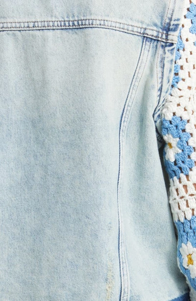 Shop Blanknyc Crochet Sleeve Distressed Denim Trucker Jacket In All Out